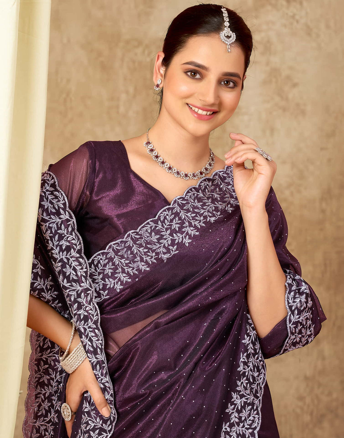 Mauve Shimmer Embroidery Saree