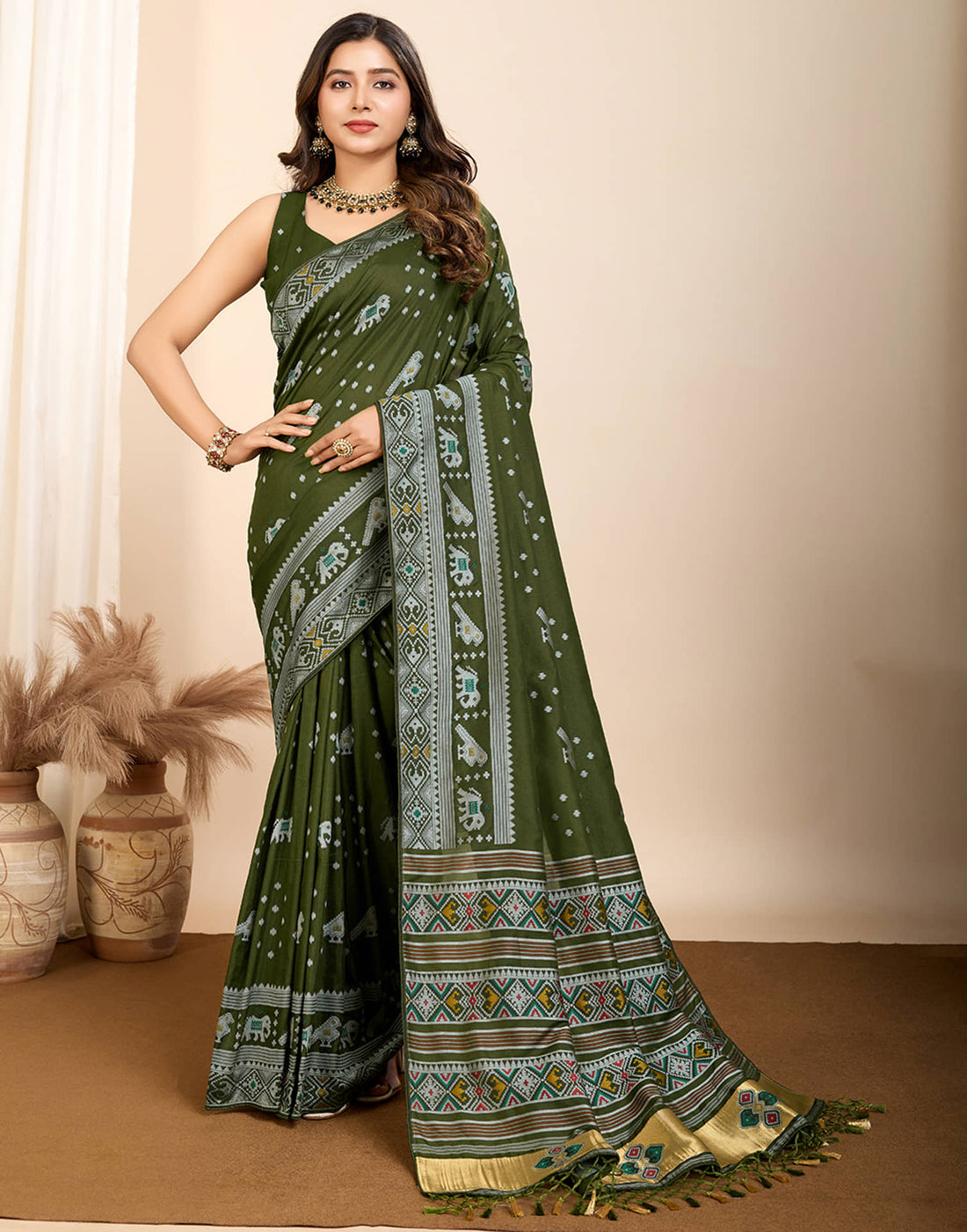 Olive Green Silk Woven Banarasi Saree