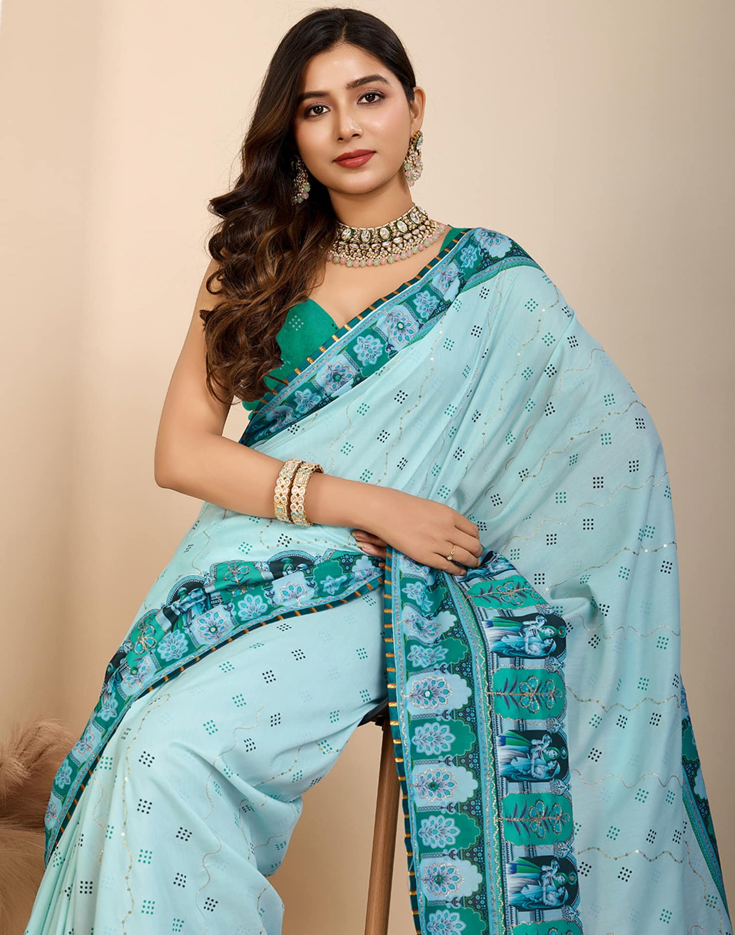 Light Blue Cotton Printed Saree
