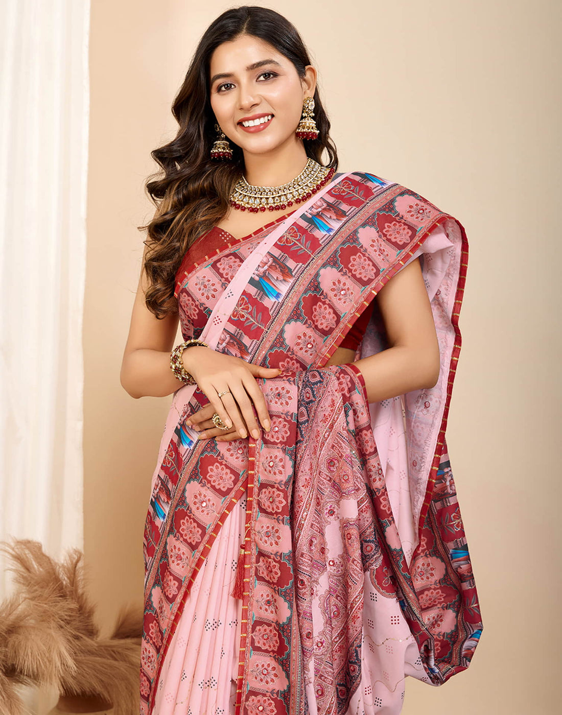Light Rose Pink Cotton Printed Saree