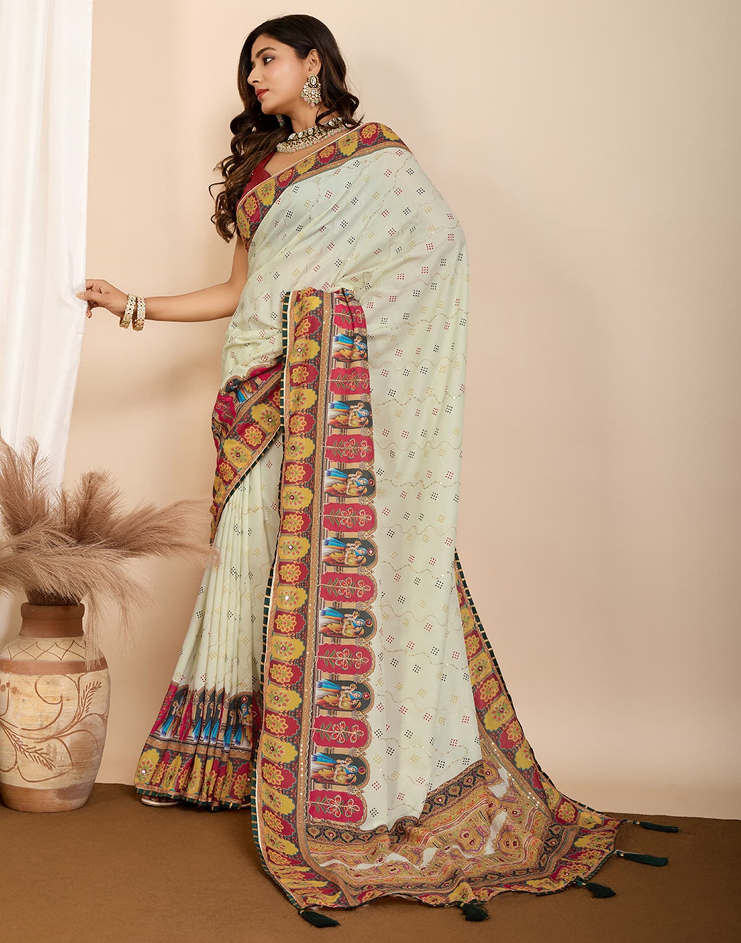 Off White Cotton Printed Saree