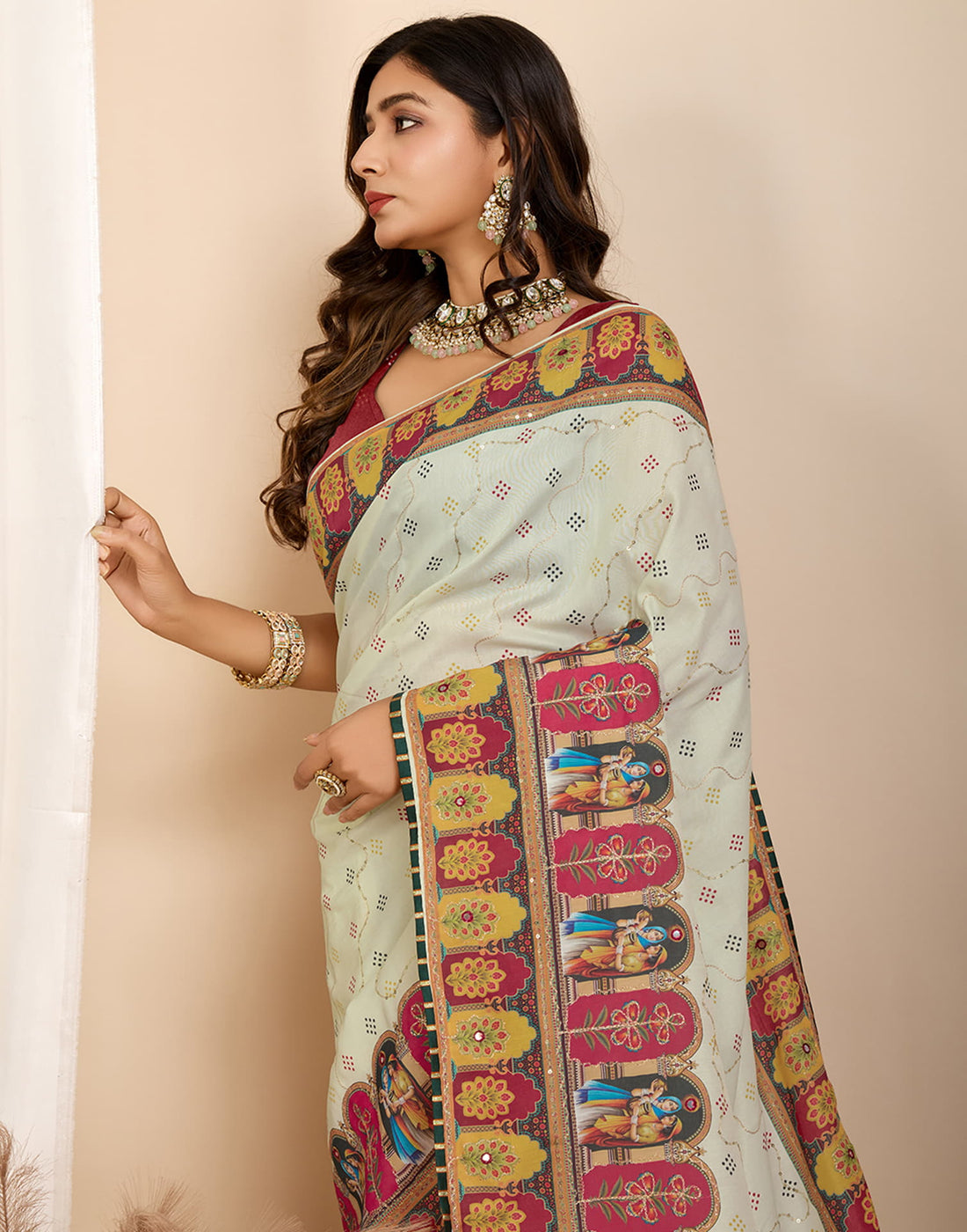 Off White Cotton Printed Saree