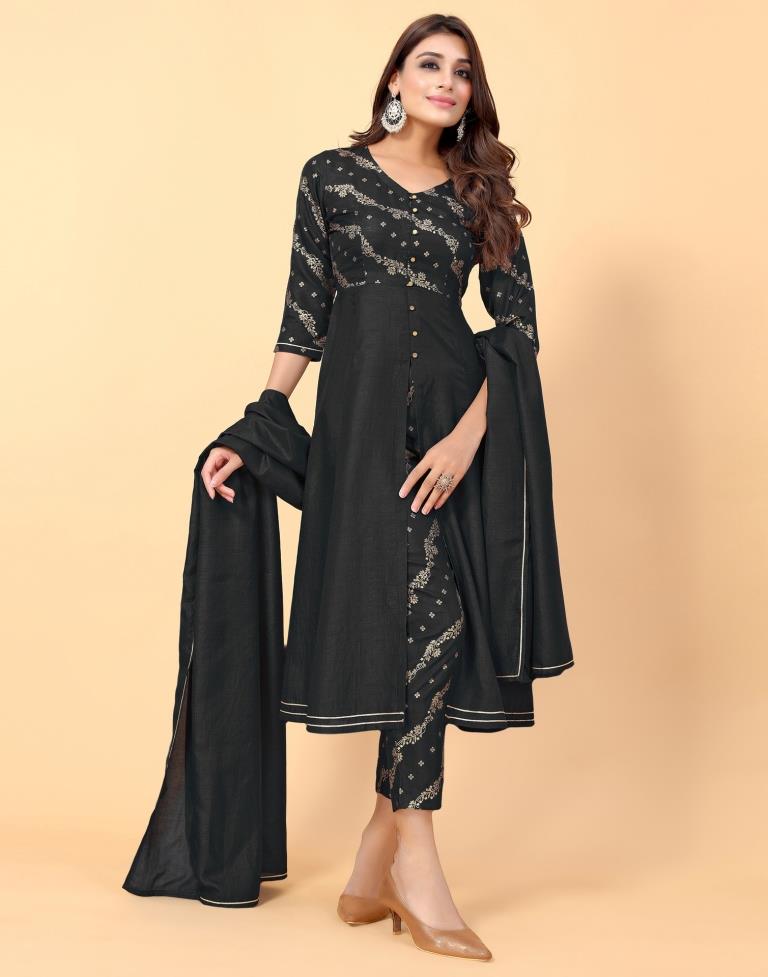 Black Printed Silk A-line Kurta With Pant And Dupatta