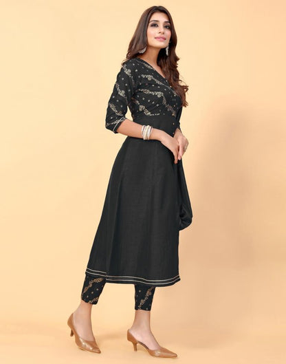 Black Printed Silk A-line Kurta With Pant And Dupatta