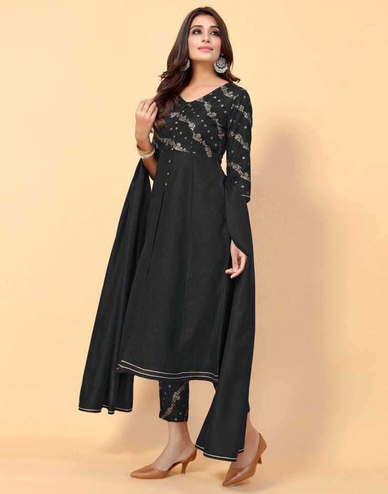 Black Printed Silk A-line Kurta With Pant And Dupatta