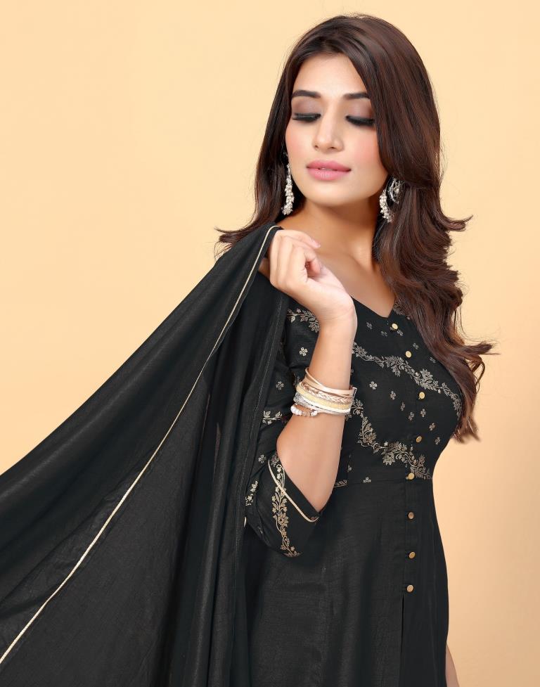 Black Printed Silk A-line Kurta With Pant And Dupatta