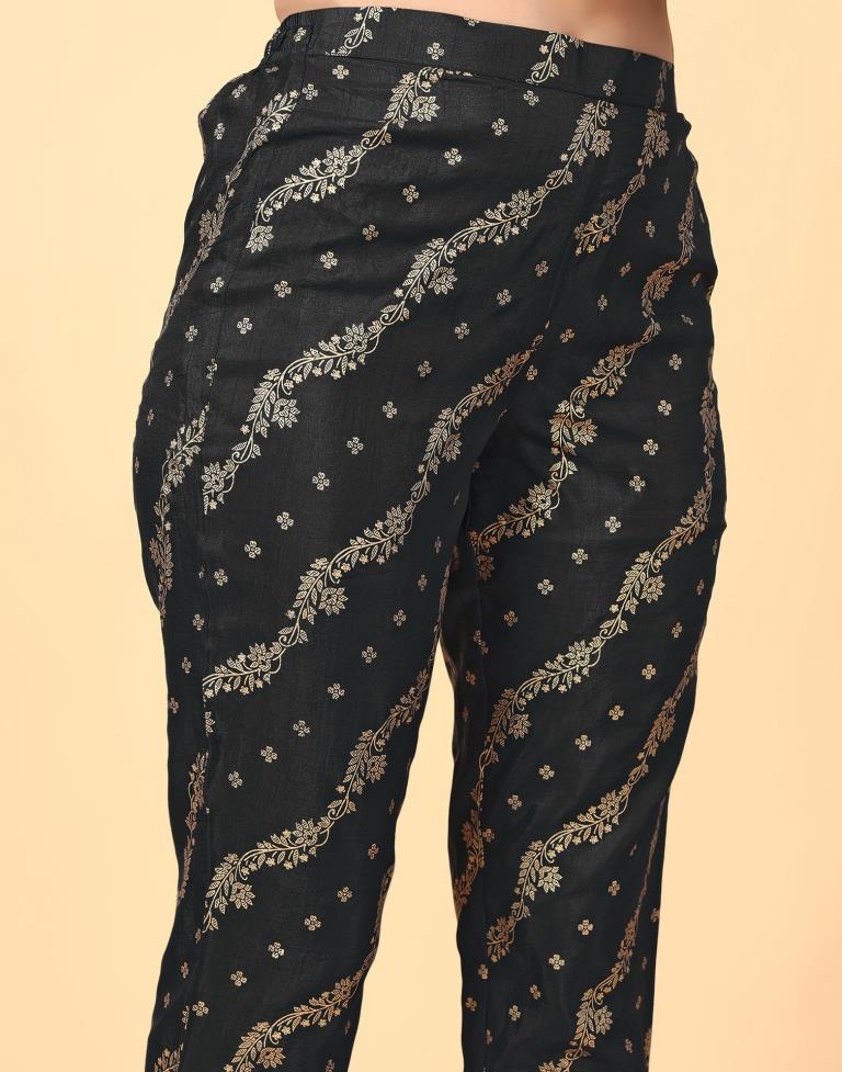 Black Printed Silk A-line Kurta With Pant And Dupatta