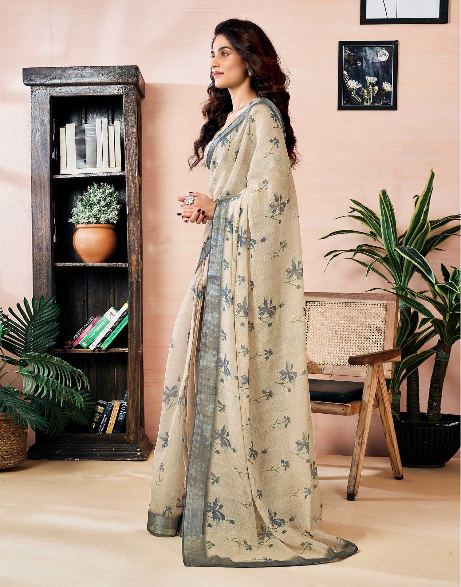 Ready to Wear Dark Beige Linen Floral Printed Saree