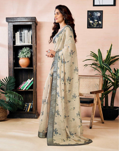 Ready to Wear Dark Beige Linen Floral Printed Saree
