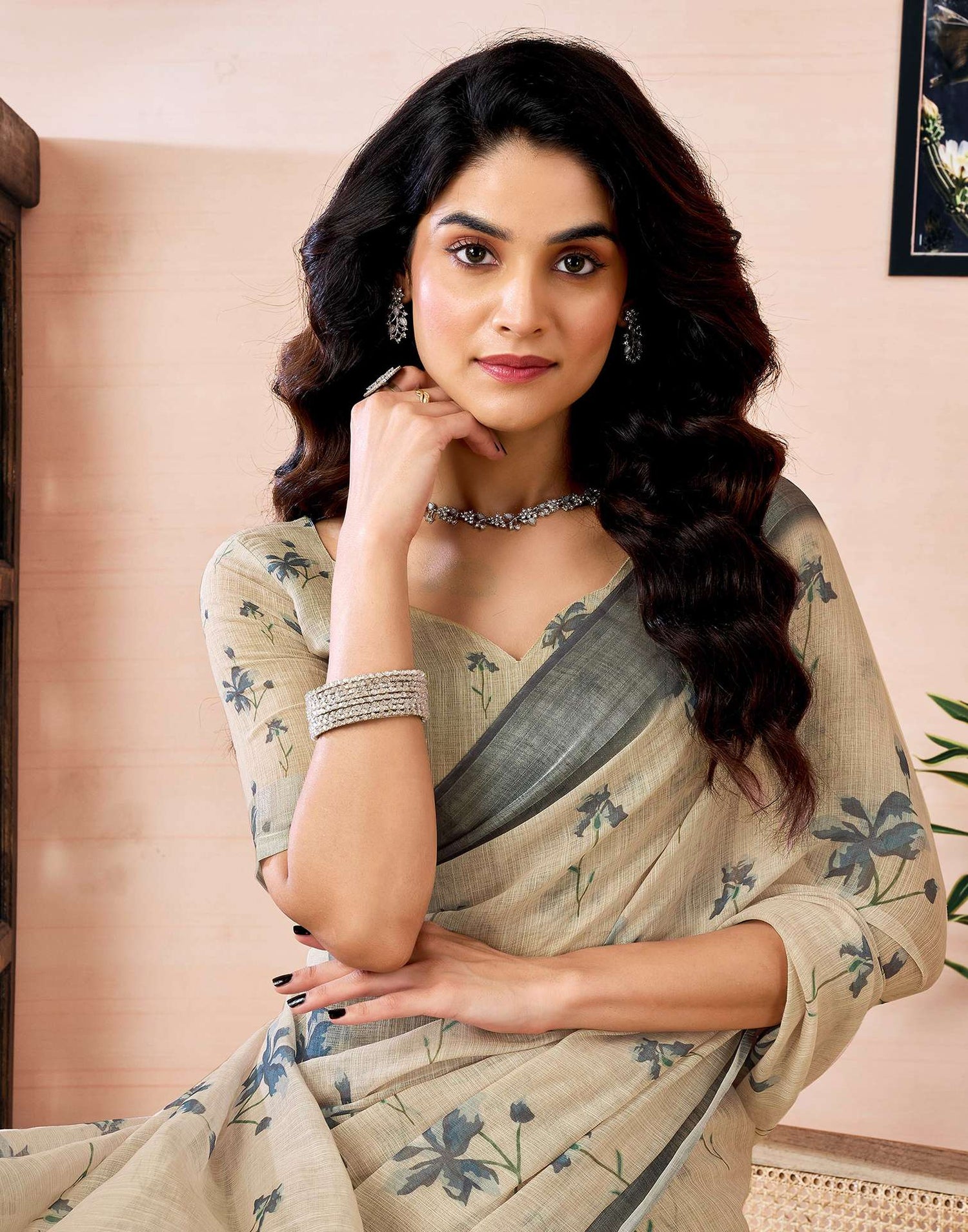 Ready to Wear Dark Beige Linen Floral Printed Saree