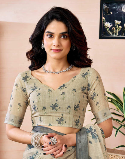 Ready to Wear Dark Beige Linen Floral Printed Saree
