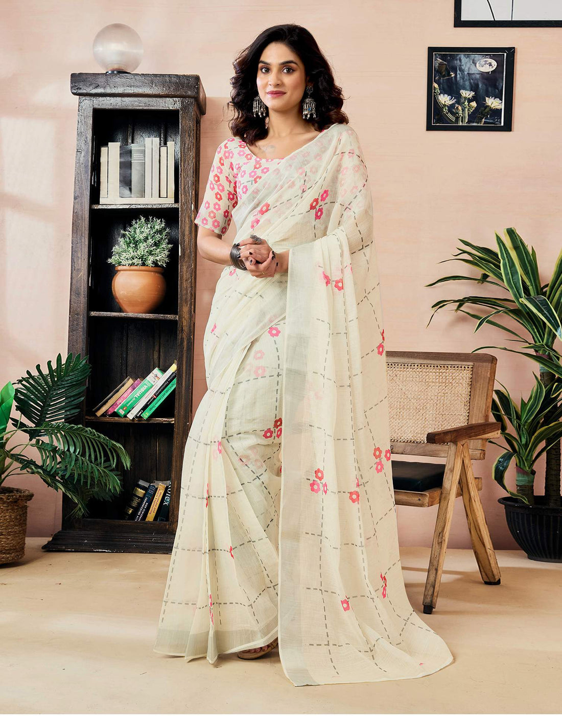 Ready to Wear Off White Linen Floral Printed Saree