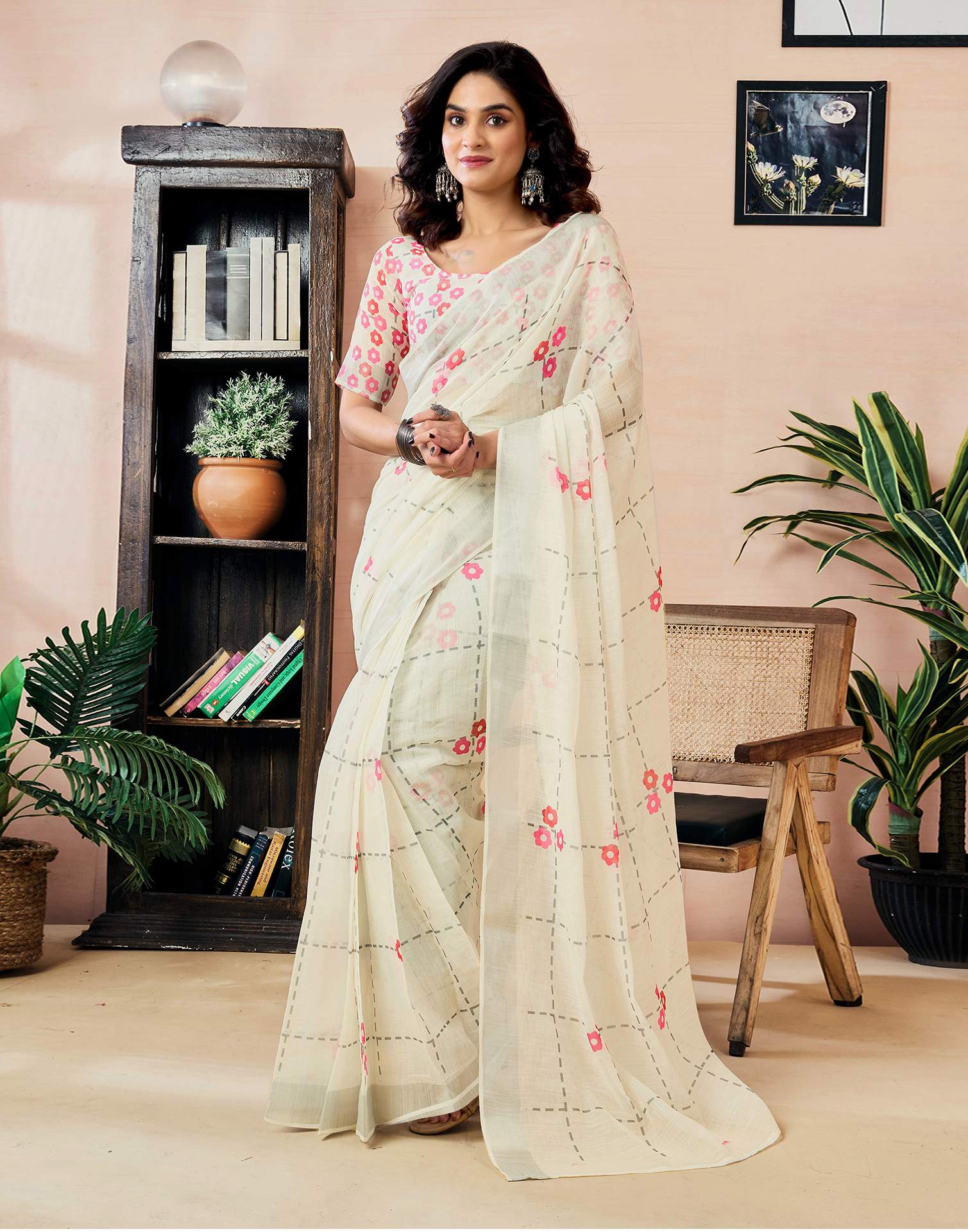 Ready to Wear Off White Linen Floral Printed Saree