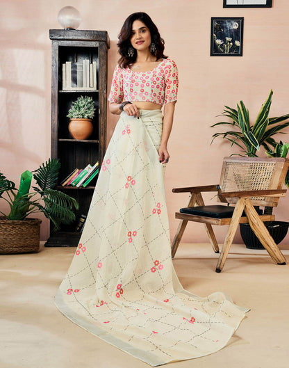 Ready to Wear Off White Linen Floral Printed Saree