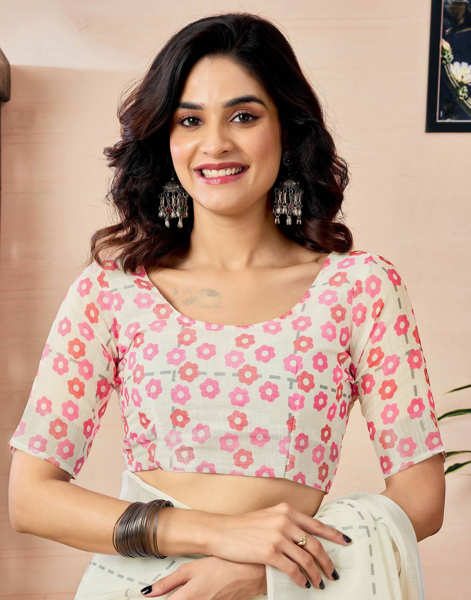 Ready to Wear Off White Linen Floral Printed Saree
