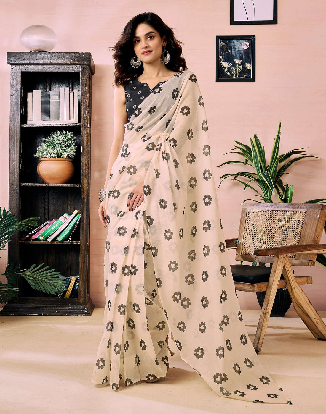 Ready to Wear Beige Chanderi Floral Printed Saree
