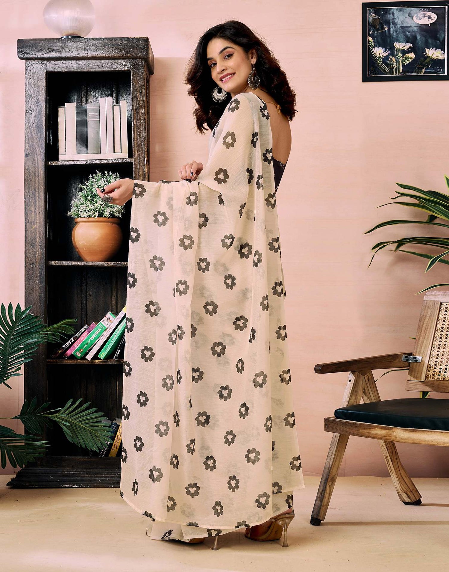 Ready to Wear Beige Chanderi Floral Printed Saree