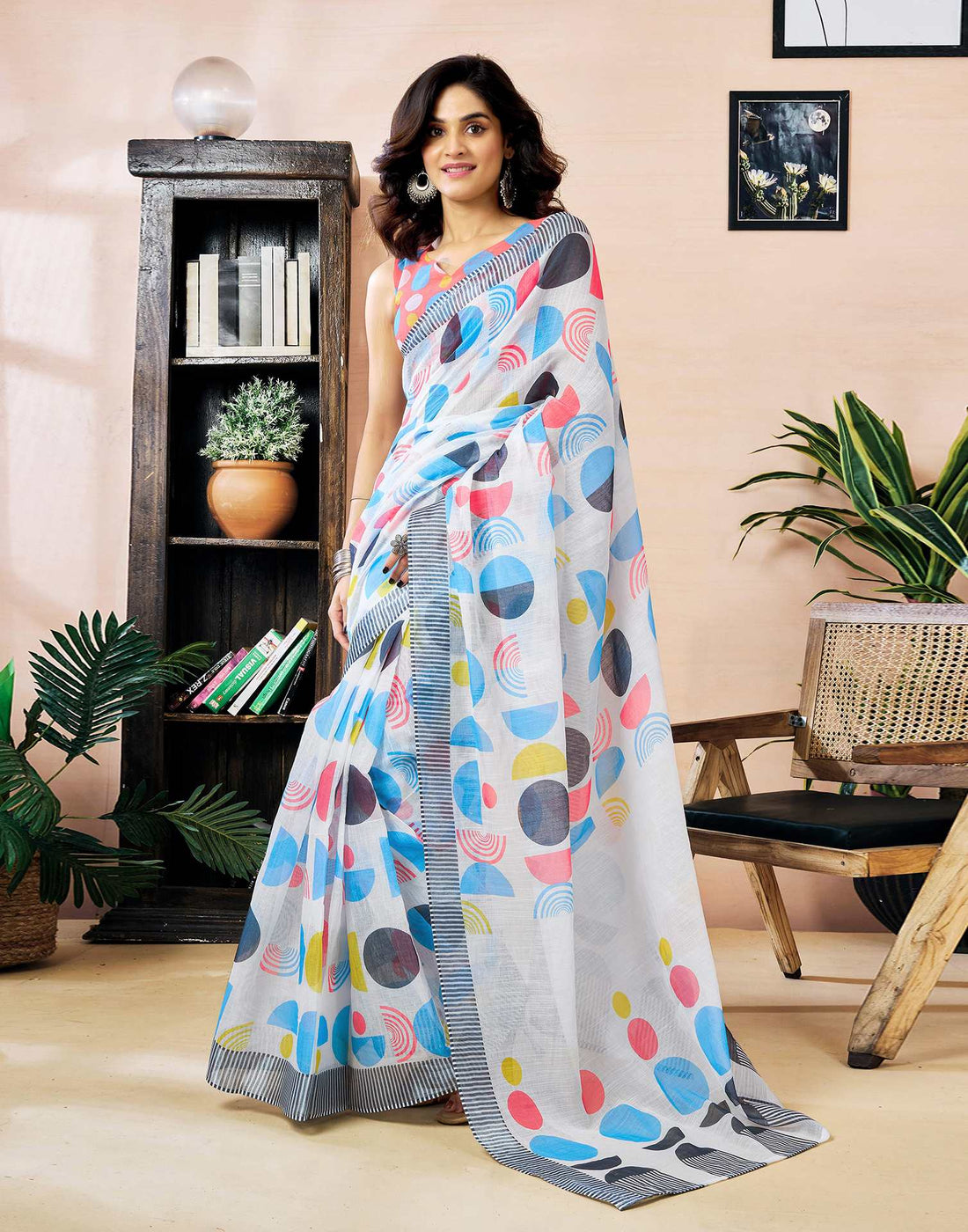 Ready to Wear White Linen Zari Printed Saree