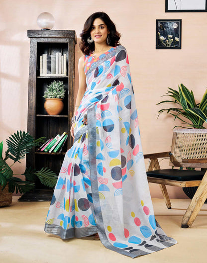 Ready to Wear White Linen Zari Printed Saree