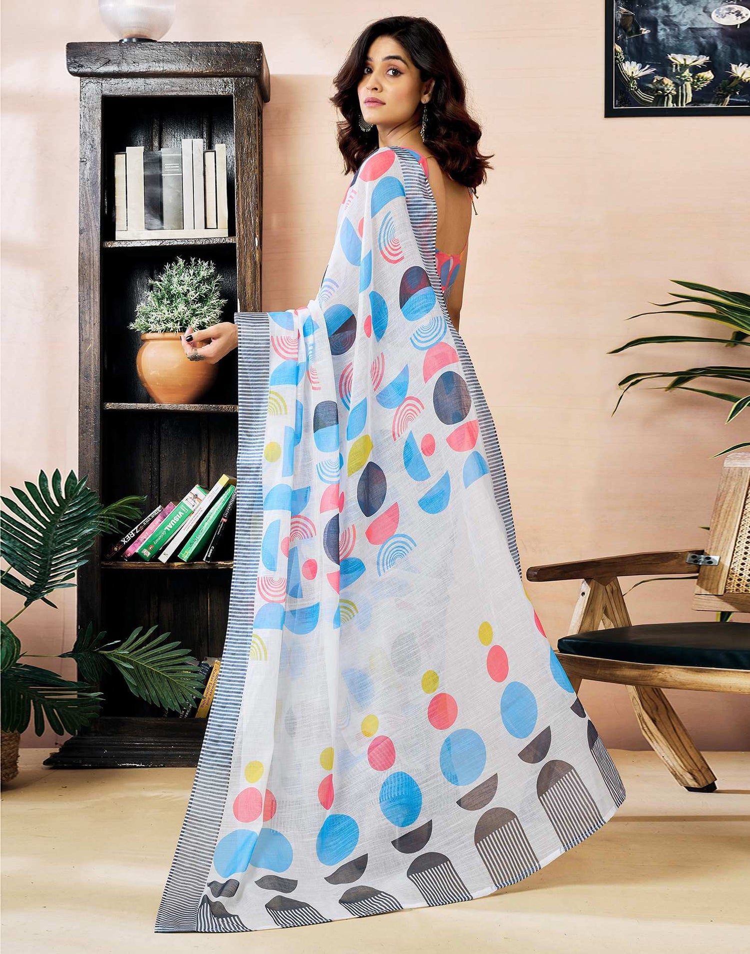 Ready to Wear White Linen Zari Printed Saree