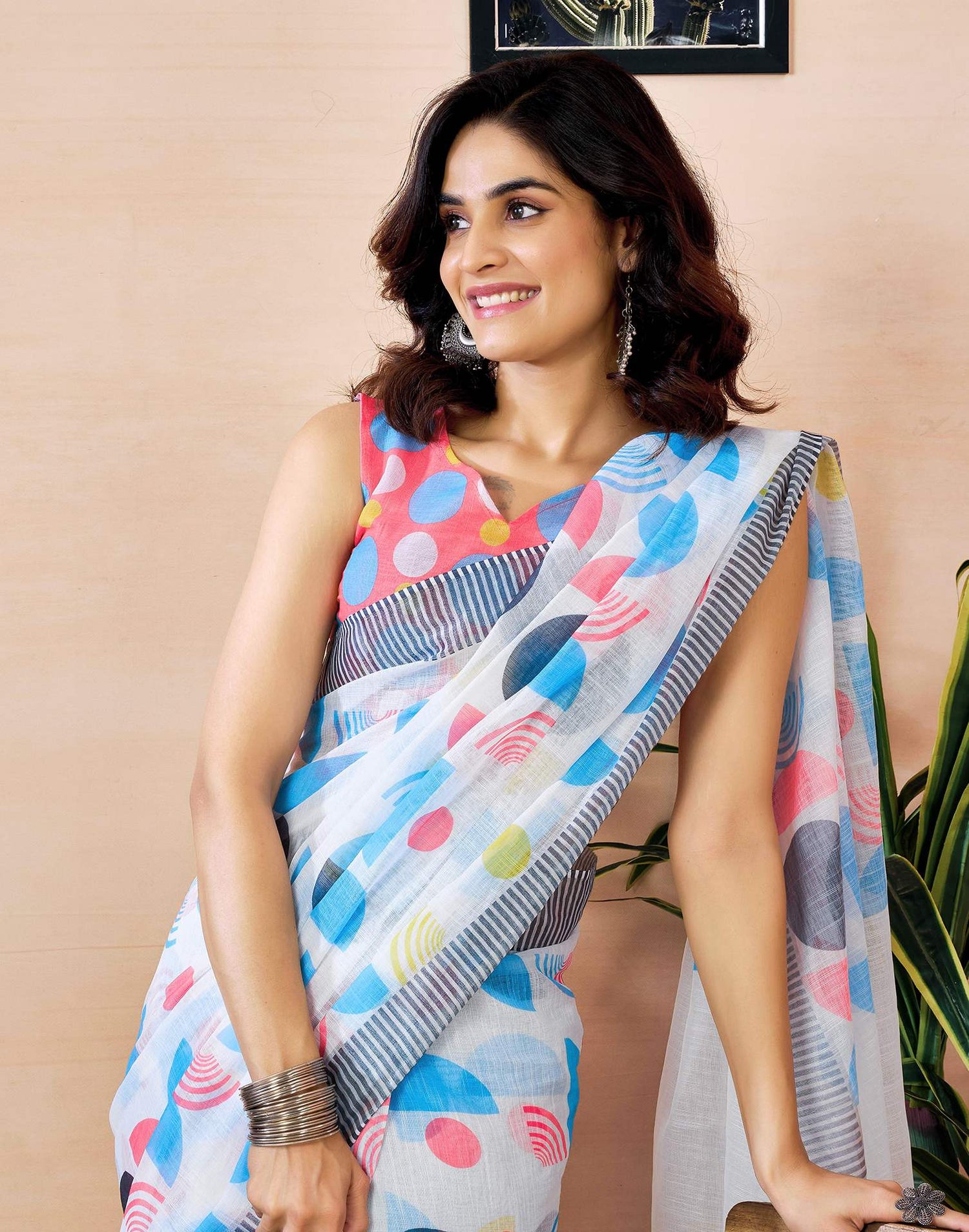 Ready to Wear White Linen Zari Printed Saree