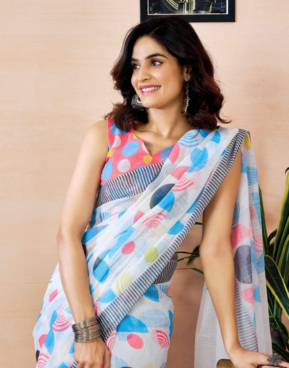 Ready to Wear White Linen Zari Printed Saree