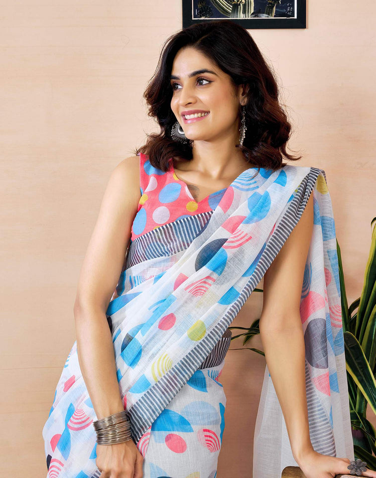 Ready to Wear White Linen Zari Printed Saree