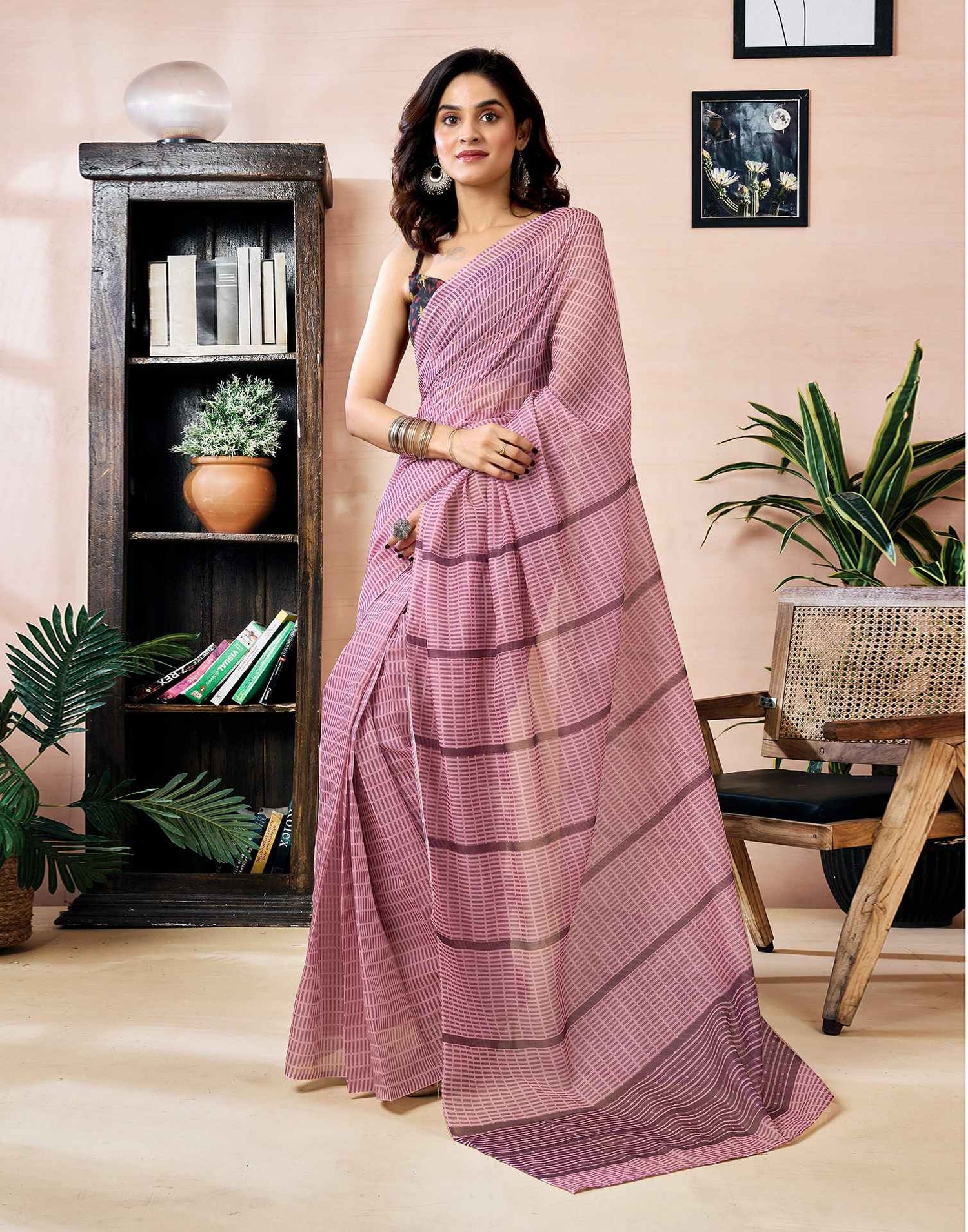 Ready to Wear Pink Chanderi Printed Saree