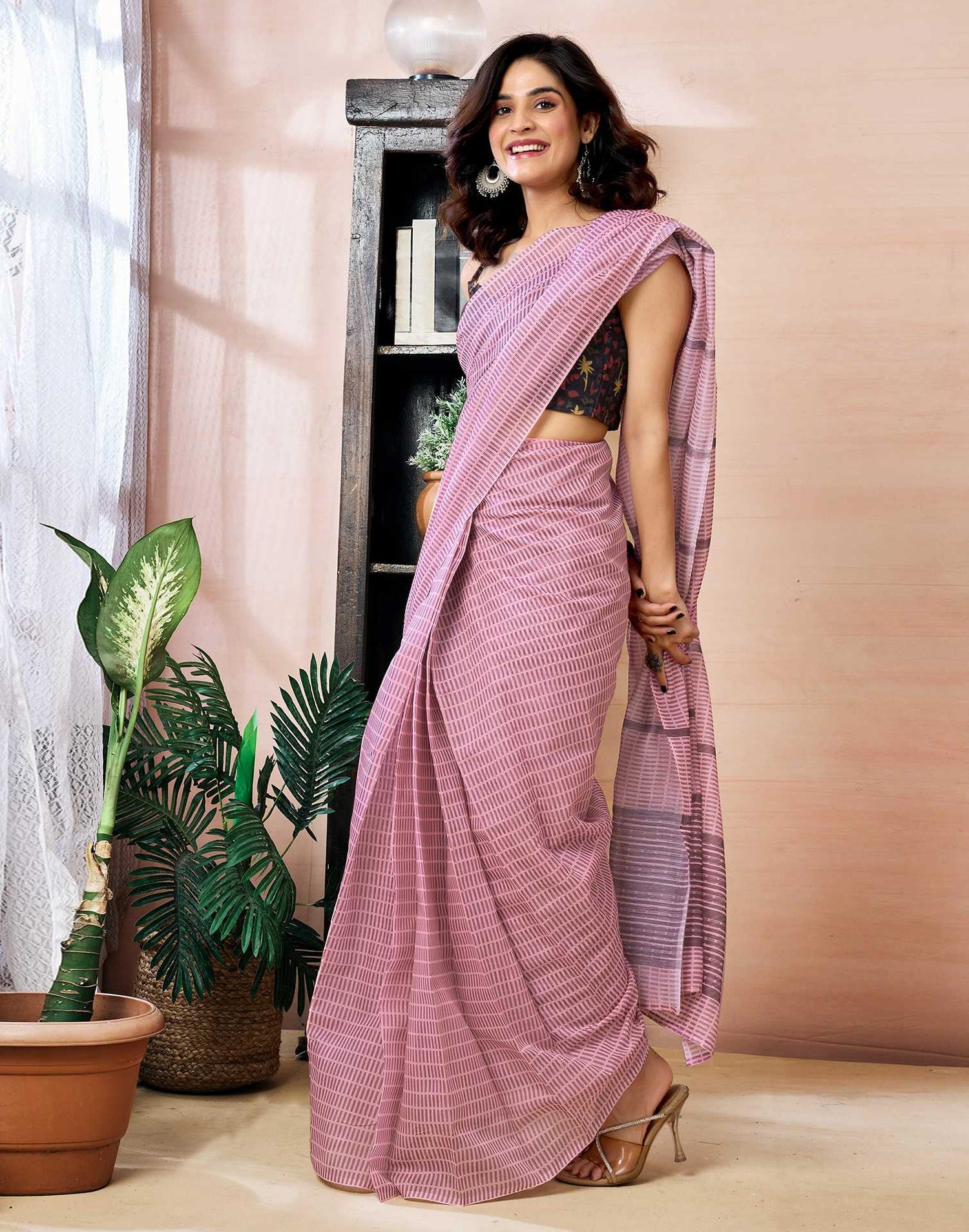 Ready to Wear Pink Chanderi Printed Saree