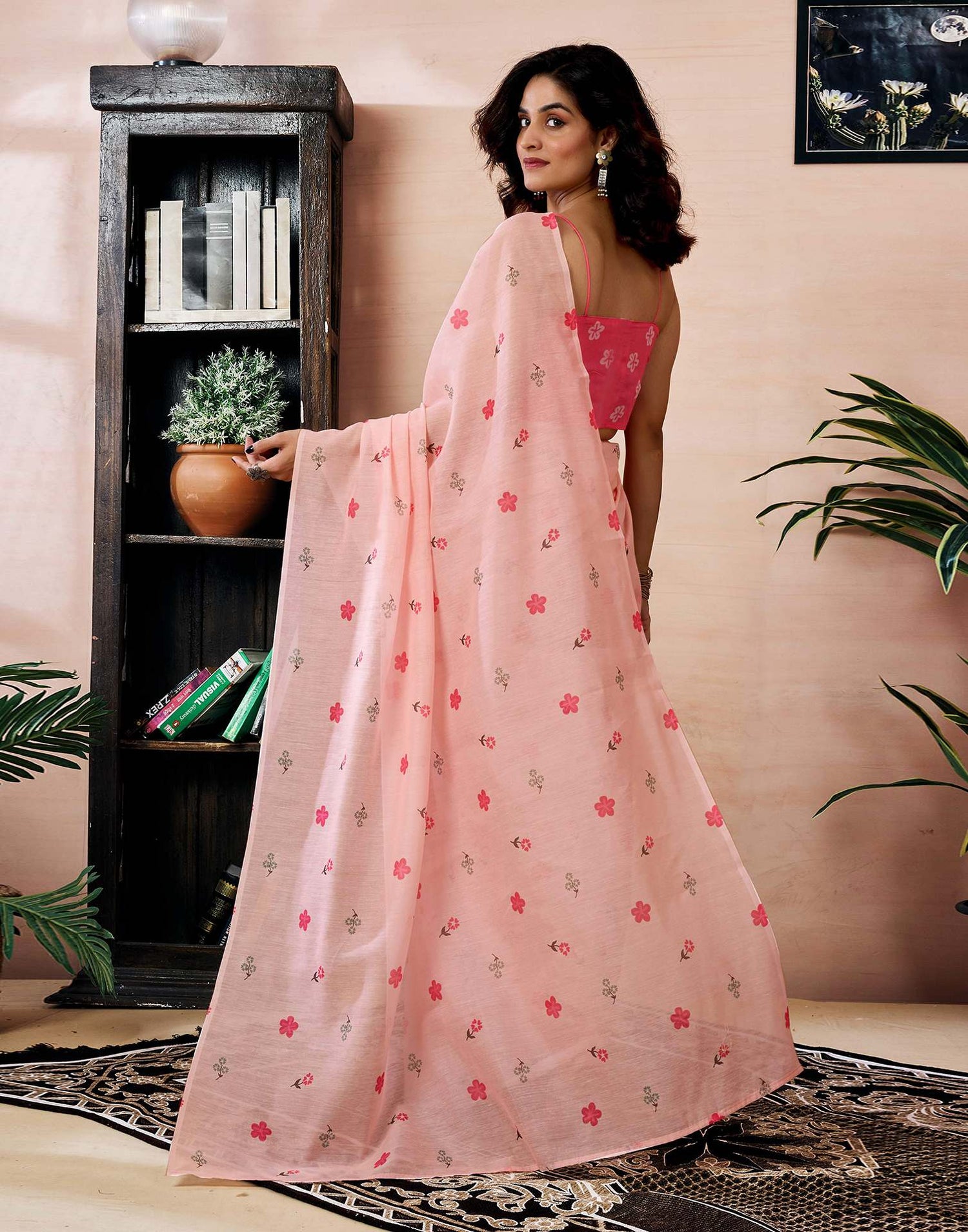 Ready to Wear Light Peach Chanderi Floral Printed Saree