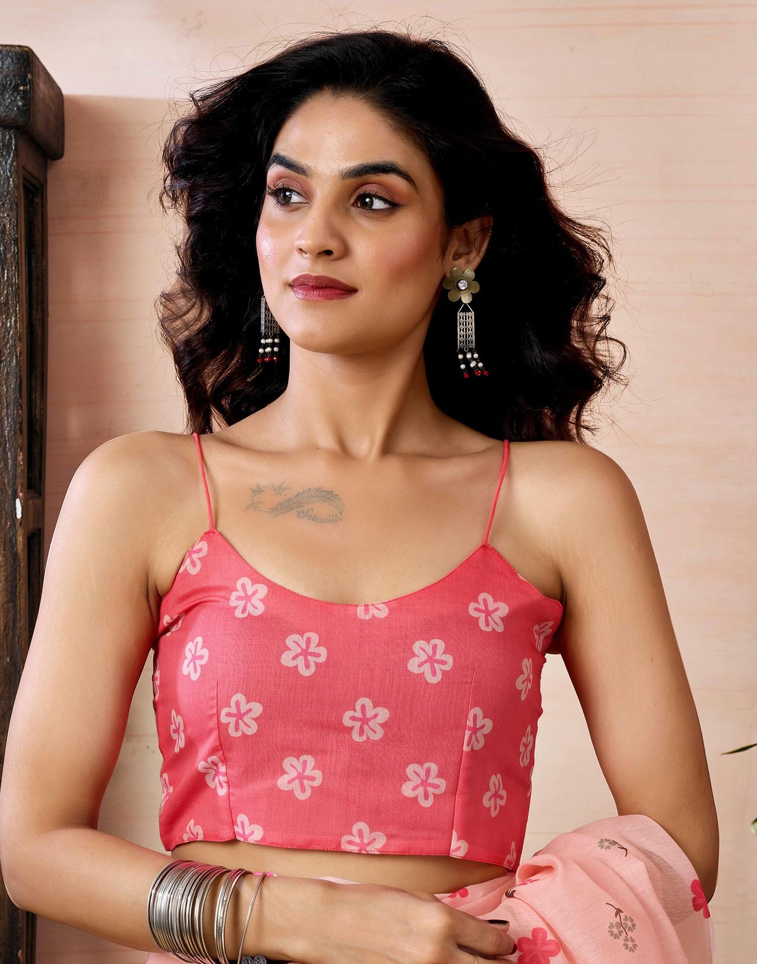 Ready to Wear Light Peach Chanderi Floral Printed Saree