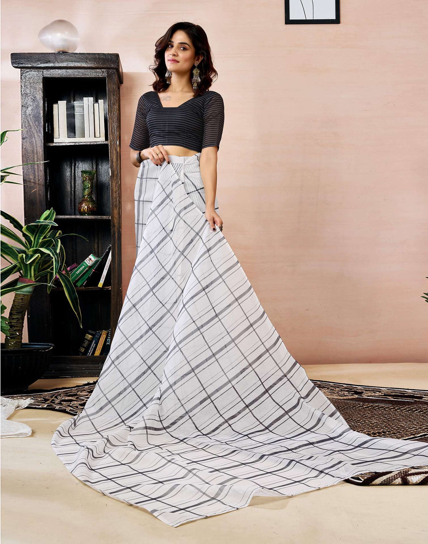Ready to Wear White Chanderi Printed Saree