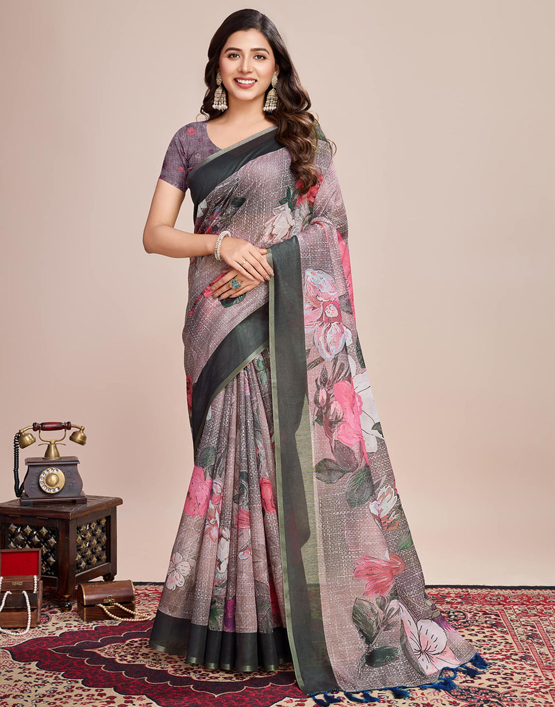 Mauve Linen Printed Saree