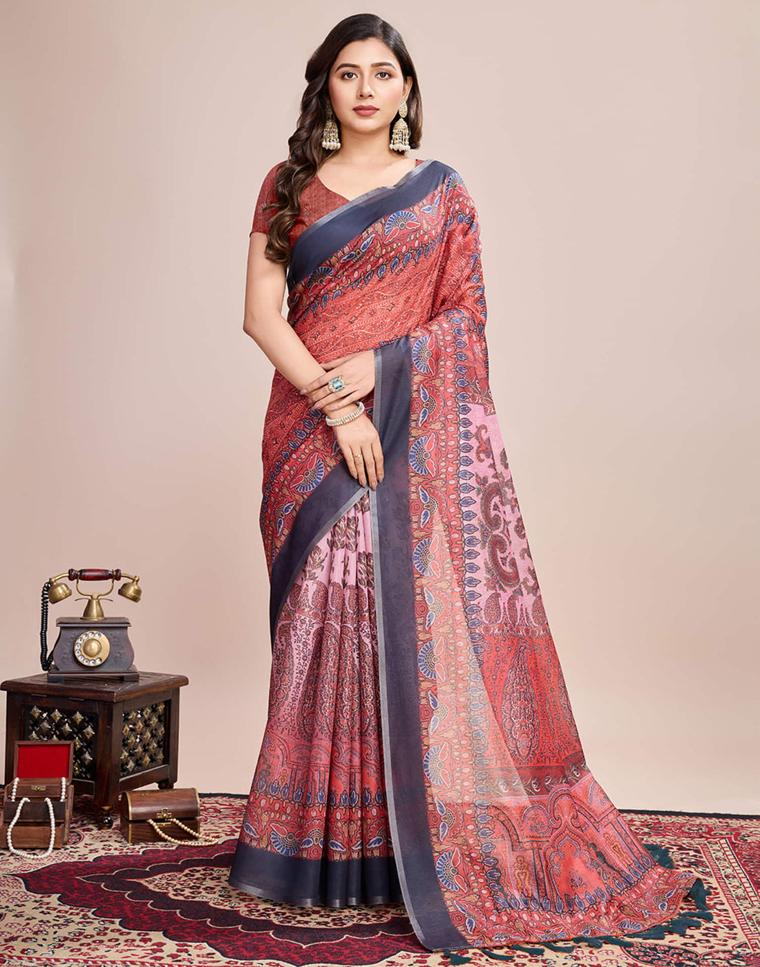 Red Linen Printed Saree