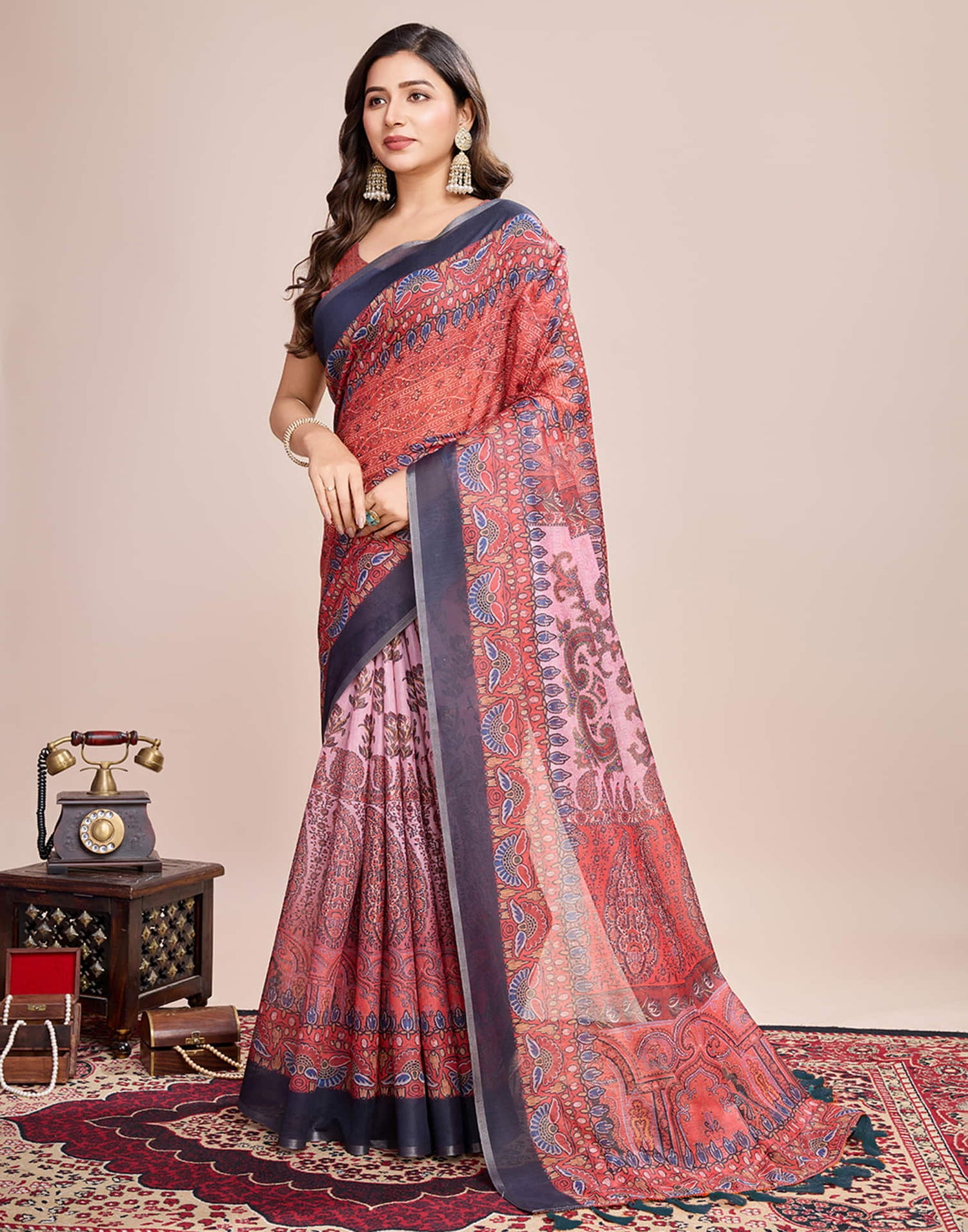 Red Linen Printed Saree