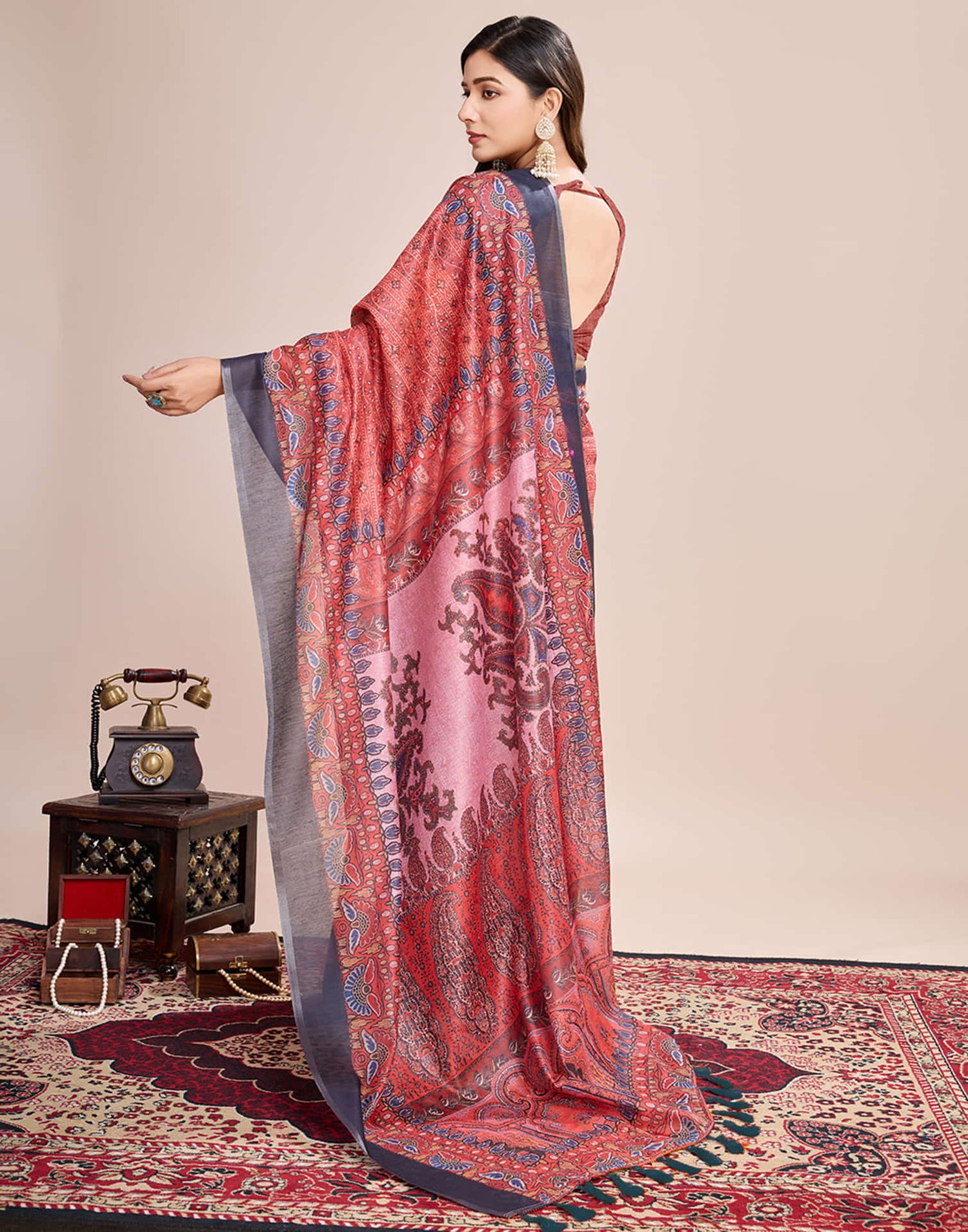 Red Linen Printed Saree
