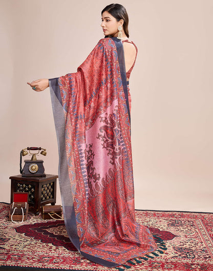 Red Linen Printed Saree