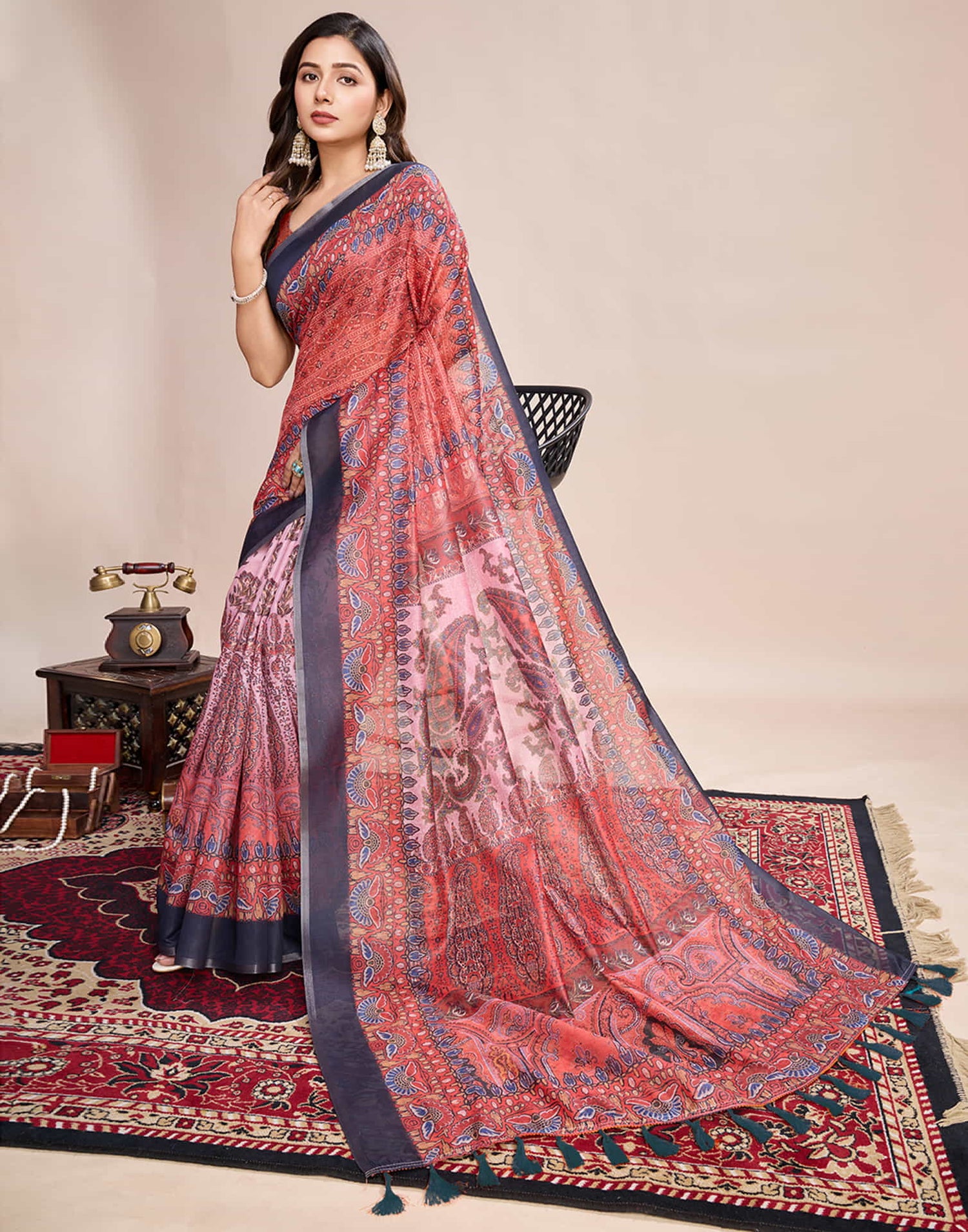 Red Linen Printed Saree