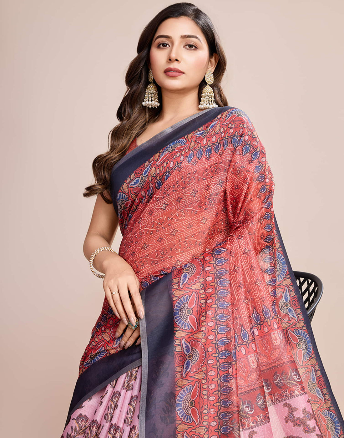 Red Linen Printed Saree