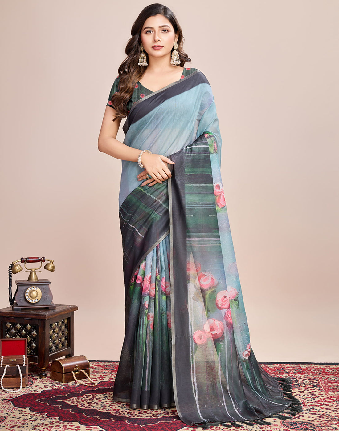Dusty Blue Linen Printed Saree