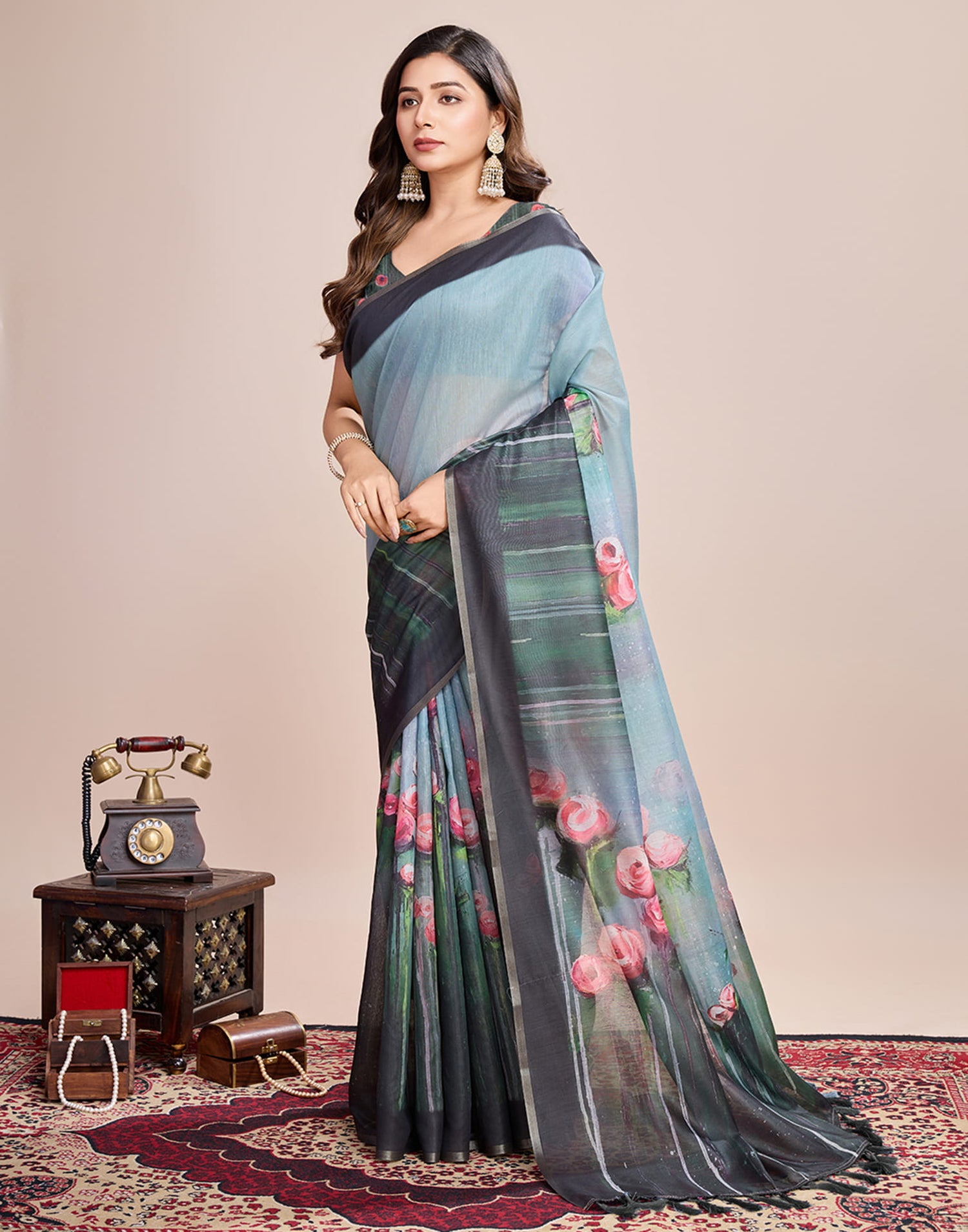 Dusty Blue Linen Printed Saree