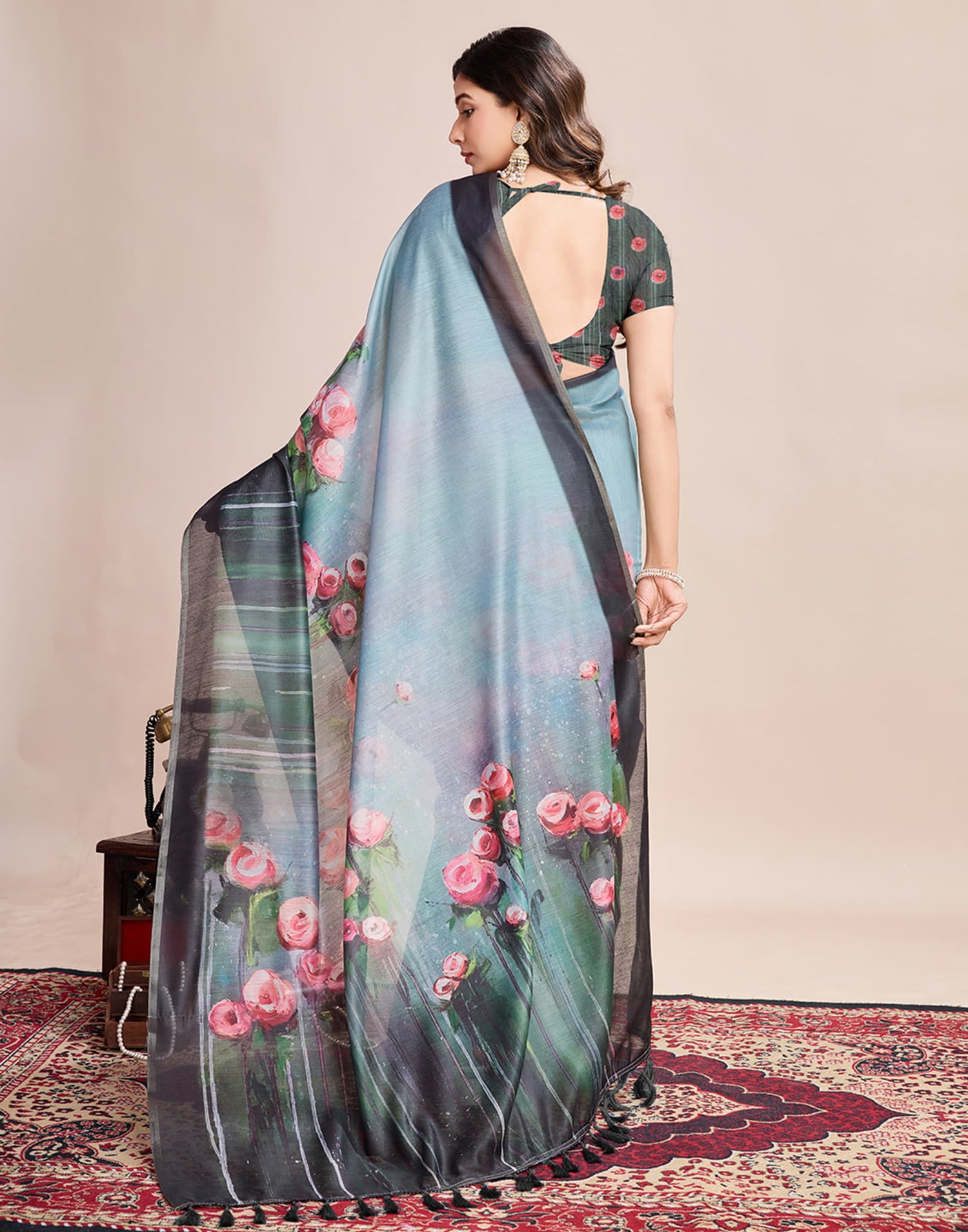 Dusty Blue Linen Printed Saree