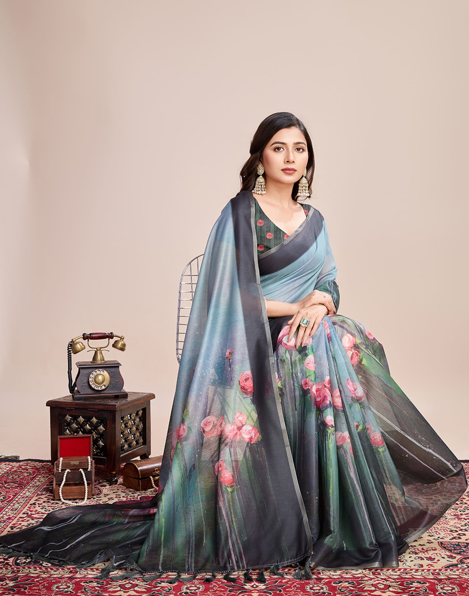 Dusty Blue Linen Printed Saree