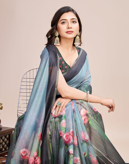 Dusty Blue Linen Printed Saree