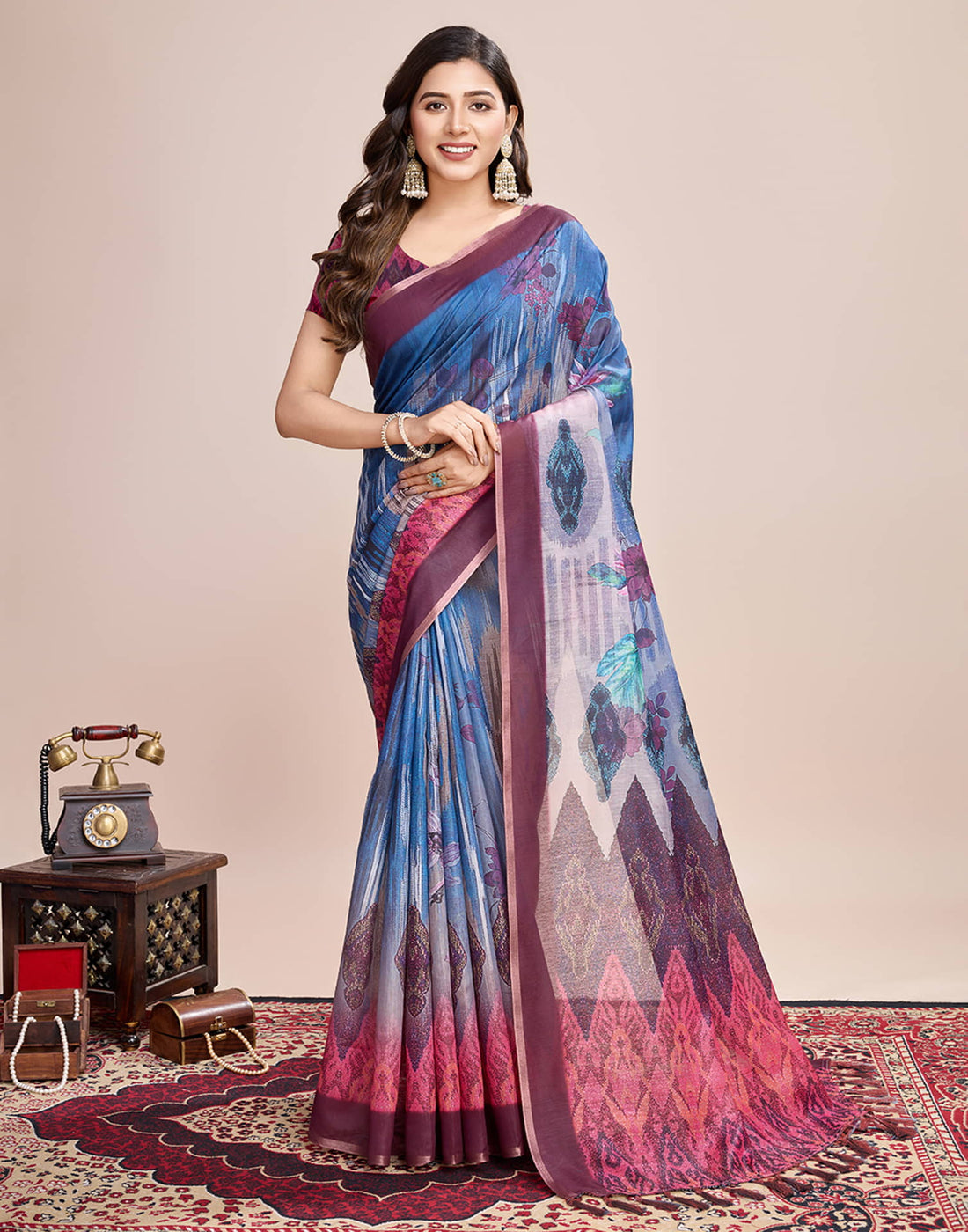 Blue Linen Printed Saree