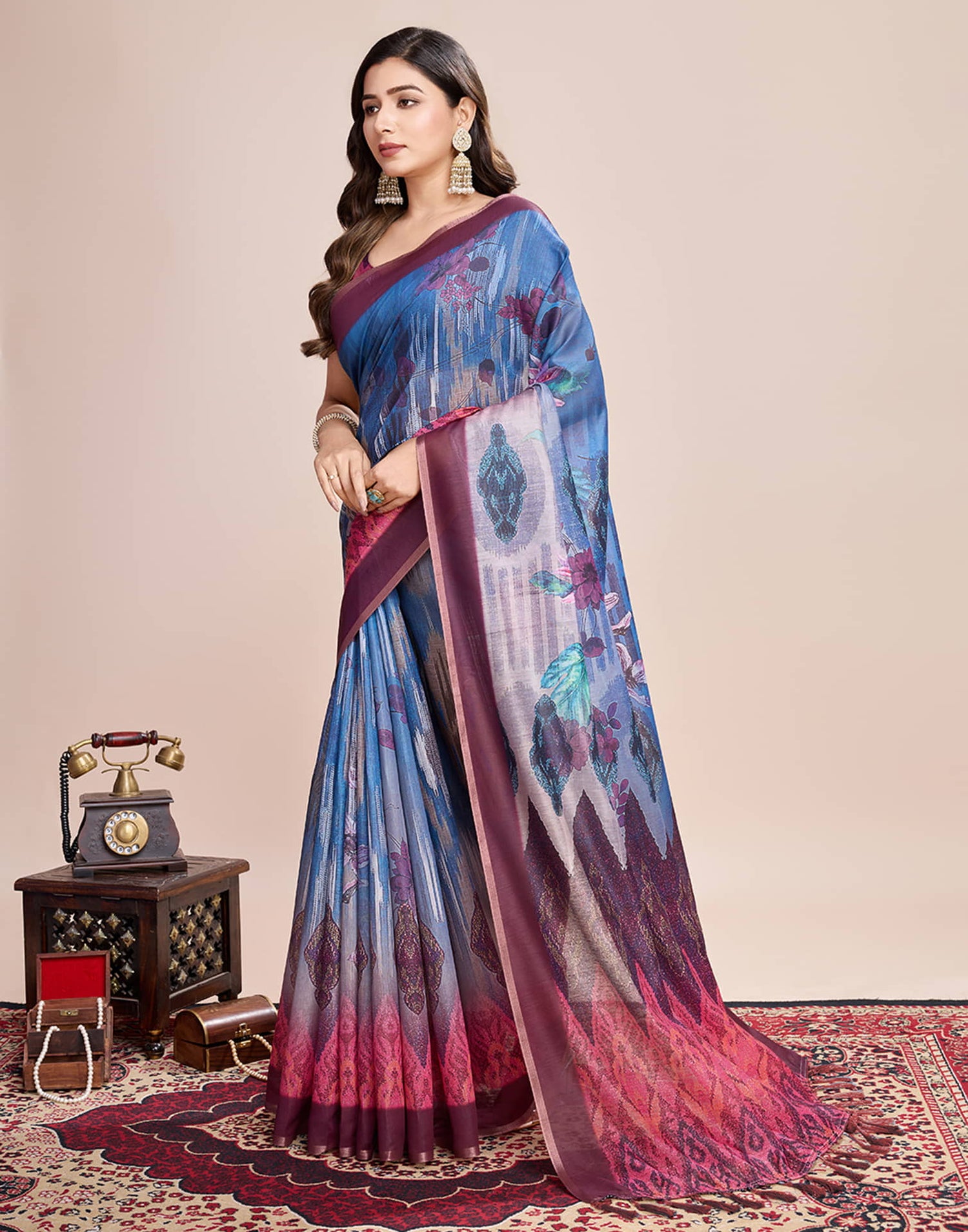 Blue Linen Printed Saree