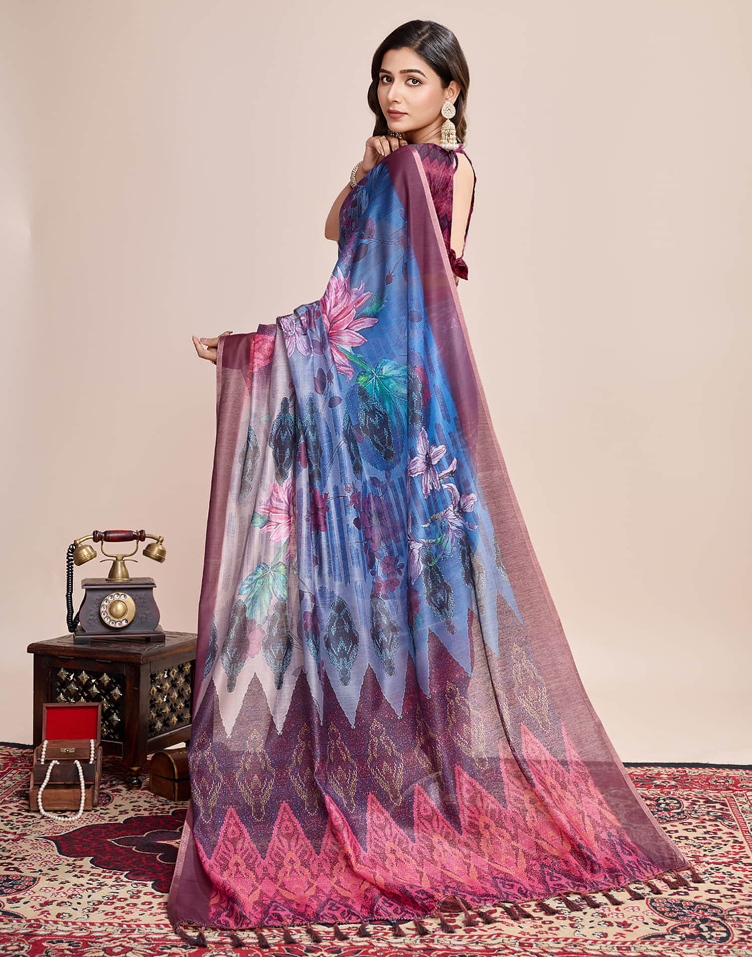 Blue Linen Printed Saree