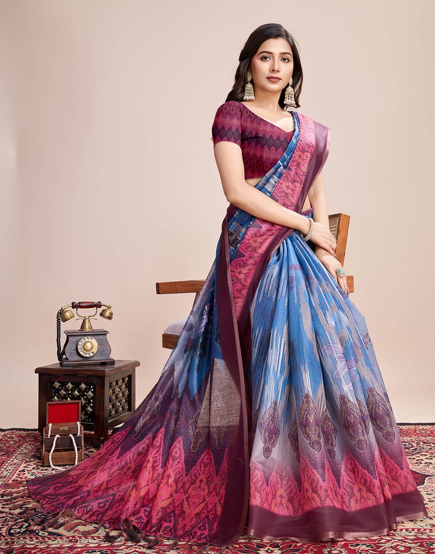 Blue Linen Printed Saree