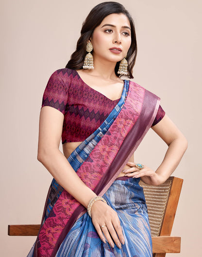 Blue Linen Printed Saree