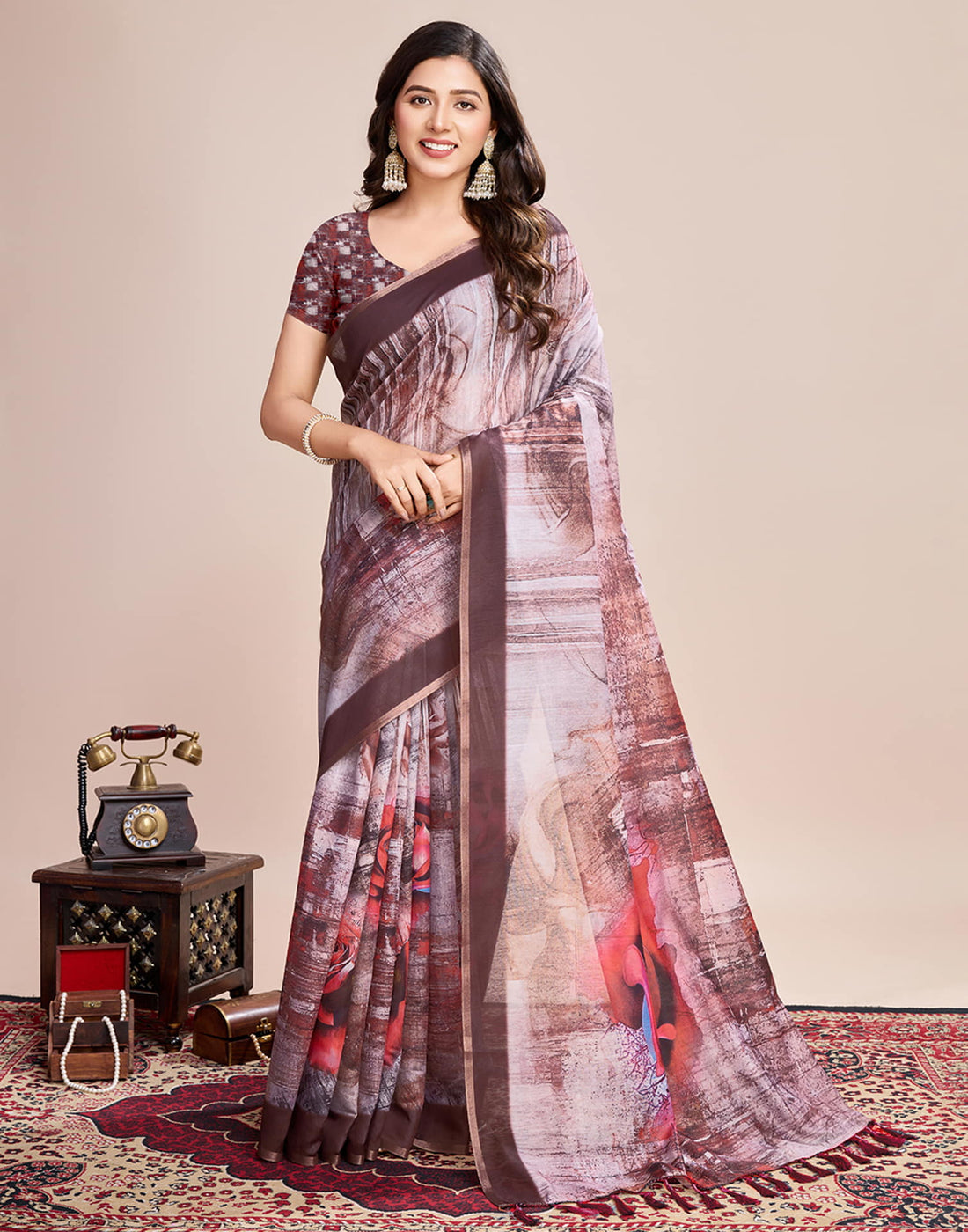 Brown Linen Printed Saree